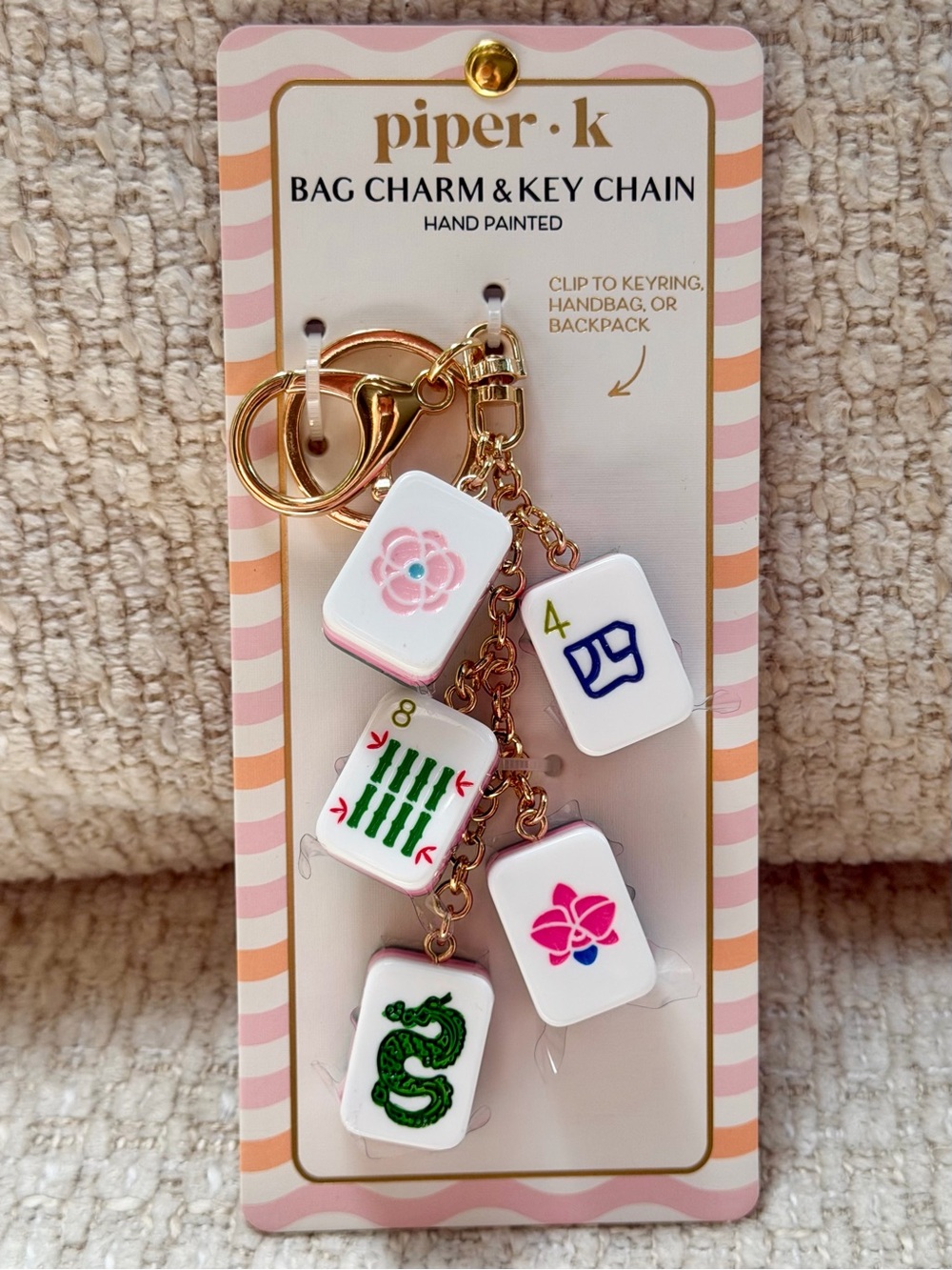 Piper K Mahjong Tile Bag Charm Keychain Viral Accessory Hand Painted Gift NWT